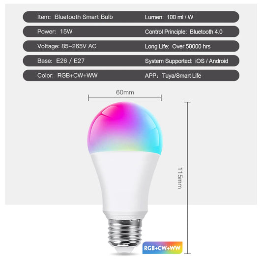 Bluetooth 4.0 Smart LED Bulb Tuya Light Bulbs AC85-265V Dimmable